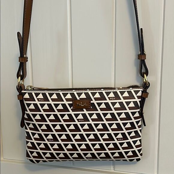 Ralph Lauren Geo Print Coated Canvas Crossbody Bag Black Brown Cream - Picture 1 of 13